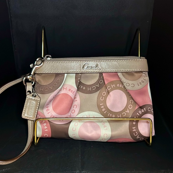 Coach Accessories - 🩷🤍🤎 COACH Signature Madison Multicolored Satin w/ Tan Leather Trim & Tag 🩷🤍🤎